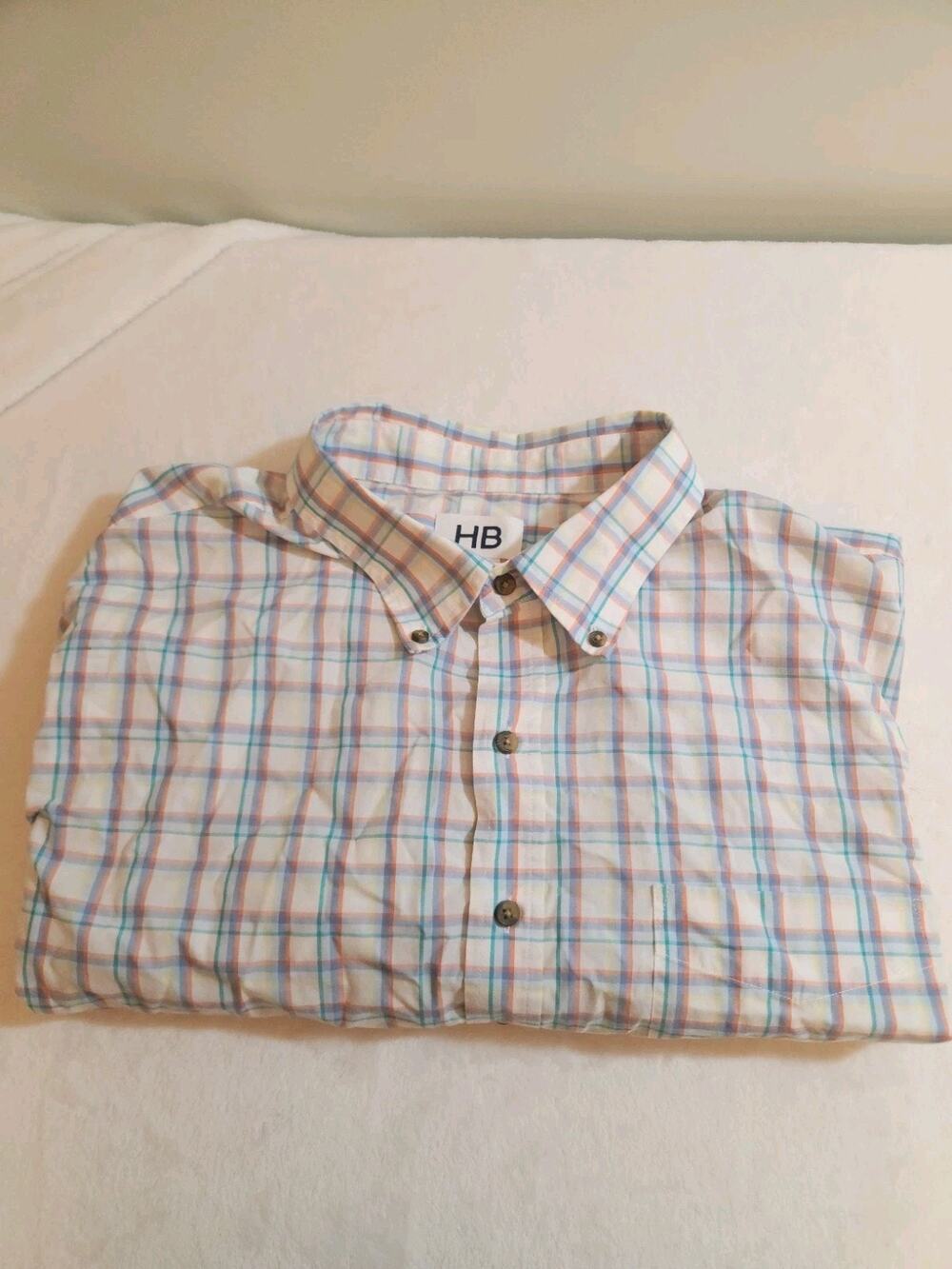 Harbor Bay Shirt Mens 2XLT 2XL Tall White Blue Plaid Short Sleeve Preppy